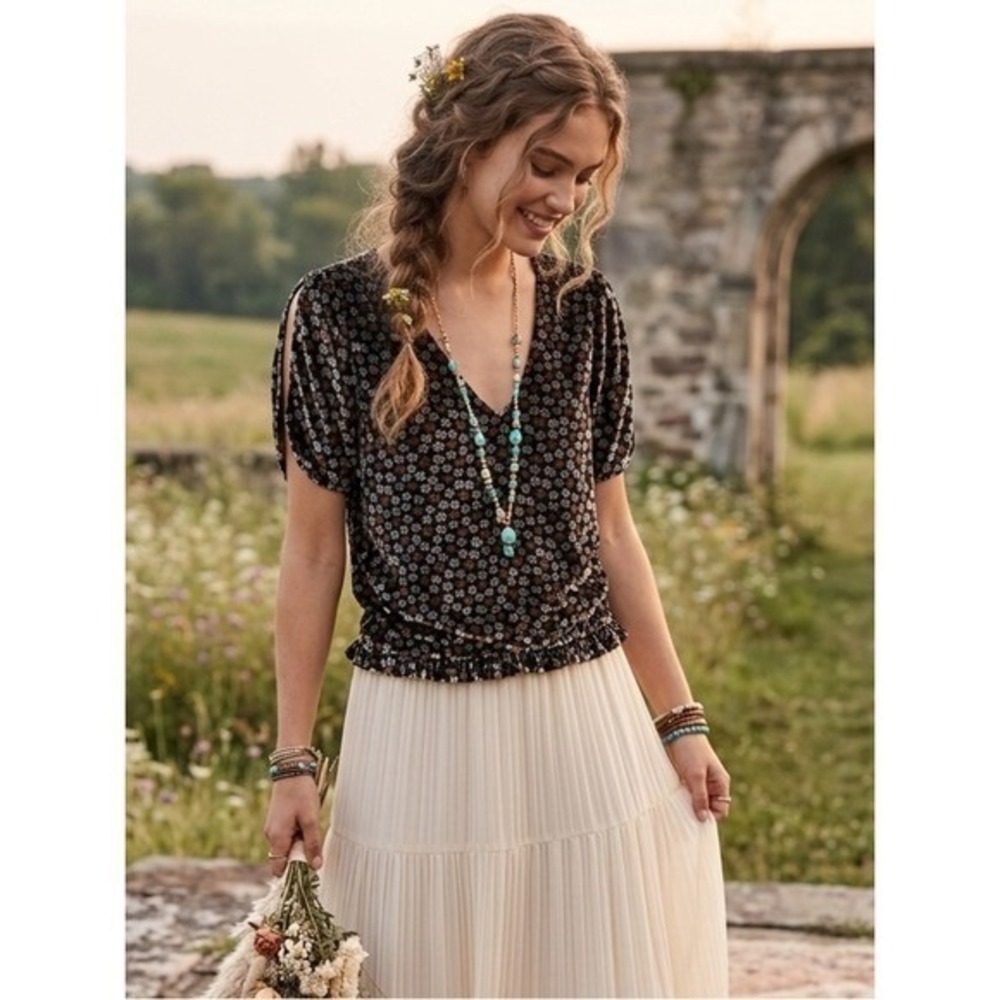 Madewell Black Floral‎ Devoré Velvet Split Sleeve Top XS Boho Dark Goth Romantic